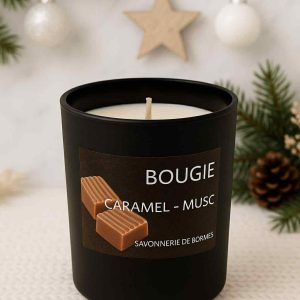 Bougie verre noir CARAMEL - MUSC BLANC 150g