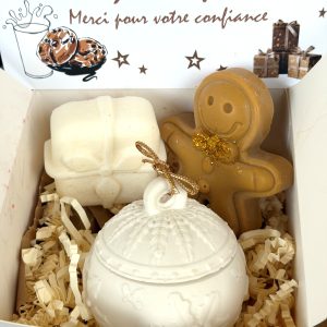 Coffret SENTEURS DE NOEL 2 fondants parfumés aux senteurs de Noël et une bougie dans son petit pot en forme de boule de Noël.