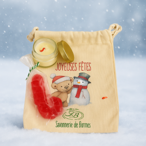 Bougie et savon dans son pochon SUCRE D'ORGE FRAISE